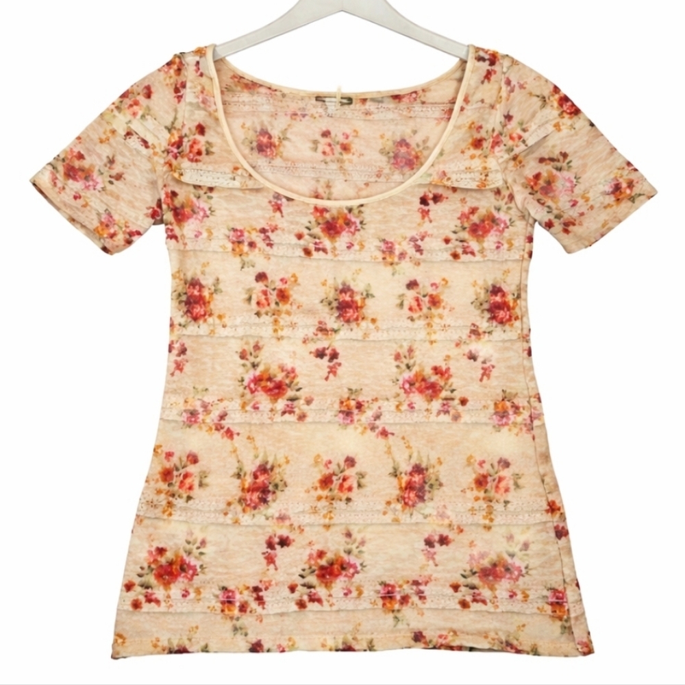 Kirra Cream Floral Lace Lined Short Sleeve Womens Top Sz Small